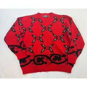 Vintage 90s Cabin Creek Red Black Floral Knit Sweater Size XL Made in USA